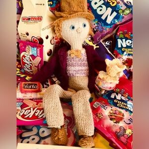 Handmade Knit OG Willy Wonka Doll Wonka Bar Teacup & Saucer One Of A Kind Doll